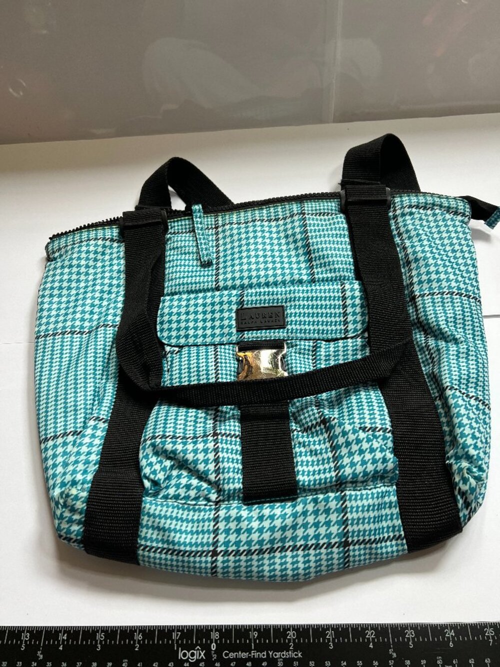 Ralph Lauren Plaid Houndstooth Black and Blue Nylon Tote Bag